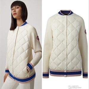 Canada Goose women hybridge wool knit down bomber jacket in cream blue red NWT